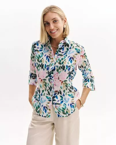 Женская рубашка из крапивы принт Розовые цветы и лепестки с рукавом 3/4  8985 от byME 