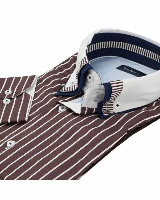 Мужская рубашка под пуговицы шоколадного цвета в полоску  - 907 Classic Fit от Tonelli 