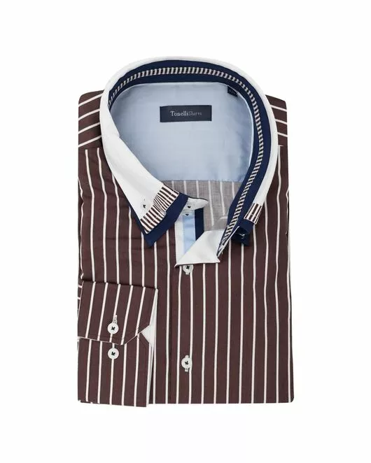 Мужская рубашка под пуговицы шоколадного цвета в полоску  - 907 Classic Fit от Tonelli 