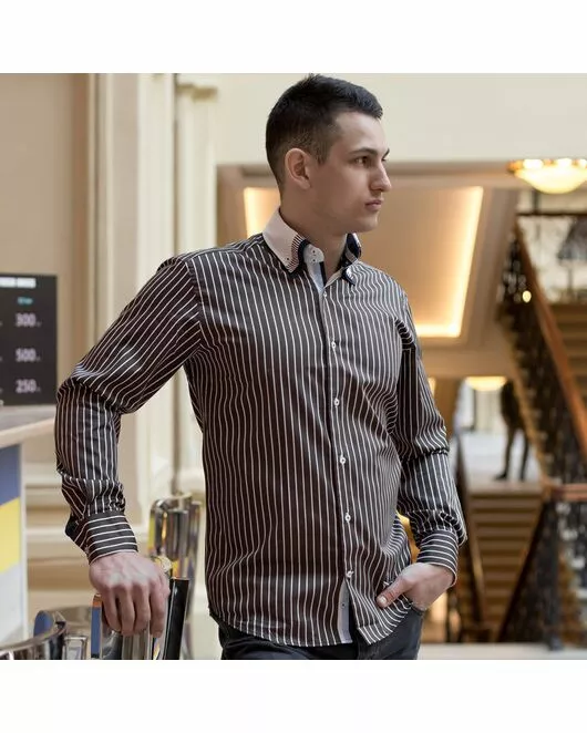 Мужская рубашка под пуговицы шоколадного цвета в полоску  - 907 Classic Fit от Tonelli 