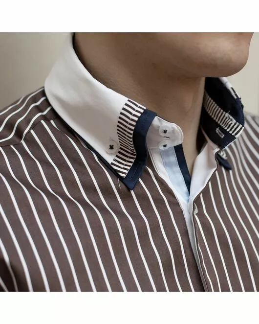 Мужская рубашка под пуговицы шоколадного цвета в полоску  - 907 Classic Fit от Tonelli 