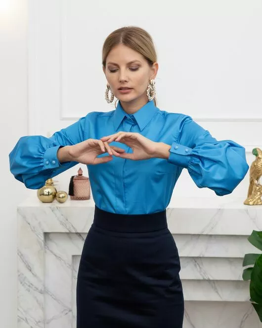 Женская рубашка с объемным рукавом бирюзовая - 8073 от byME 