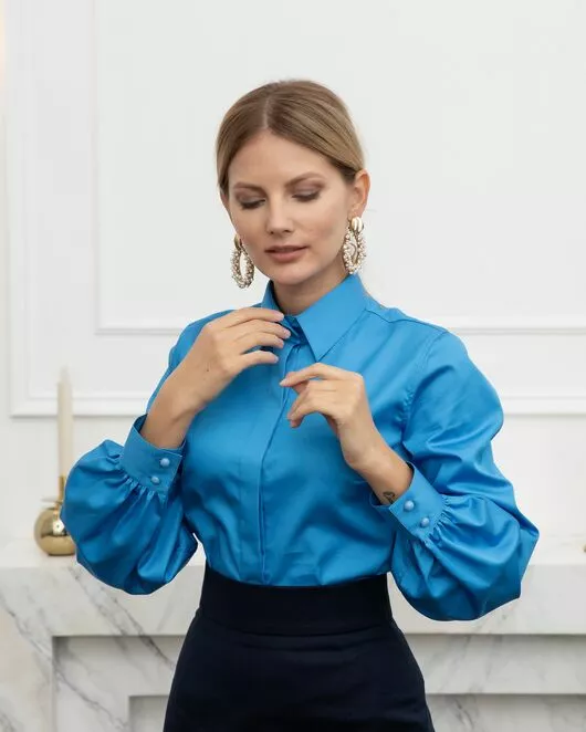 Женская рубашка с объемным рукавом бирюзовая - 8073 от byME 