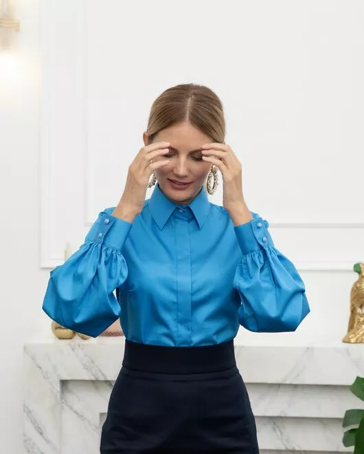 Женская рубашка с объемным рукавом бирюзовая - 8073 от byME 