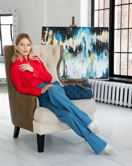 Женская рубашка под запонку красная воротник стойка - 8345 от byME 