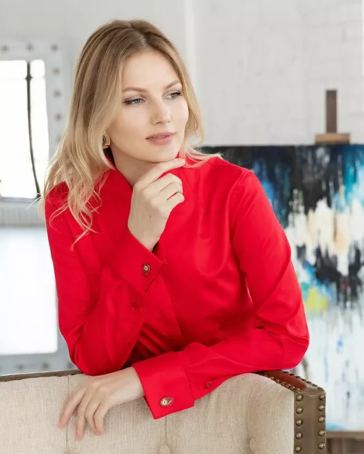 Женская рубашка под запонку красная воротник стойка - 8345 от byME 