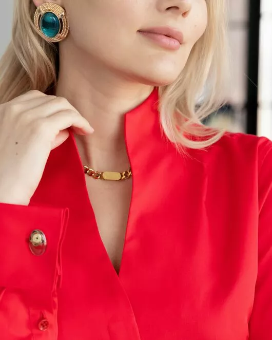 Женская рубашка под запонку красная воротник стойка - 8345 от byME 