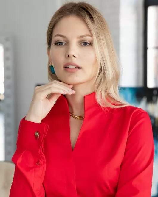 Женская рубашка под запонку красная воротник стойка - 8345 от byME 