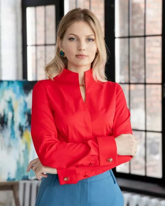 Женская рубашка под запонку красная воротник стойка - 8345 от byME 