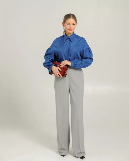 Женская рубашка полуприталенная  синяя  из района и тенсела  синяя - 8753 от byME 