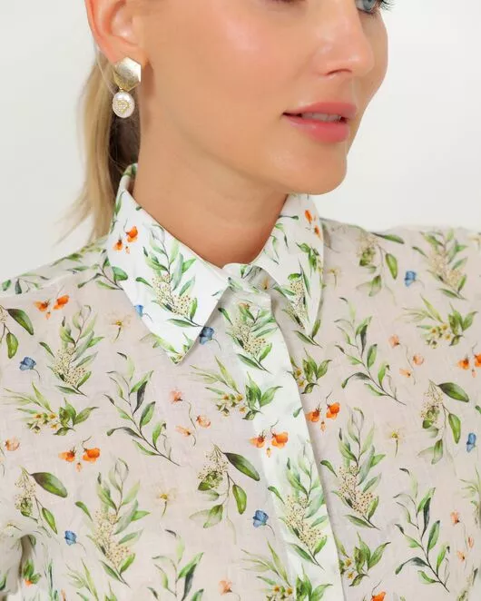 Женская рубашка из крапивы с рукавом 3/4 с принтом летний луг-8789 от ByME 