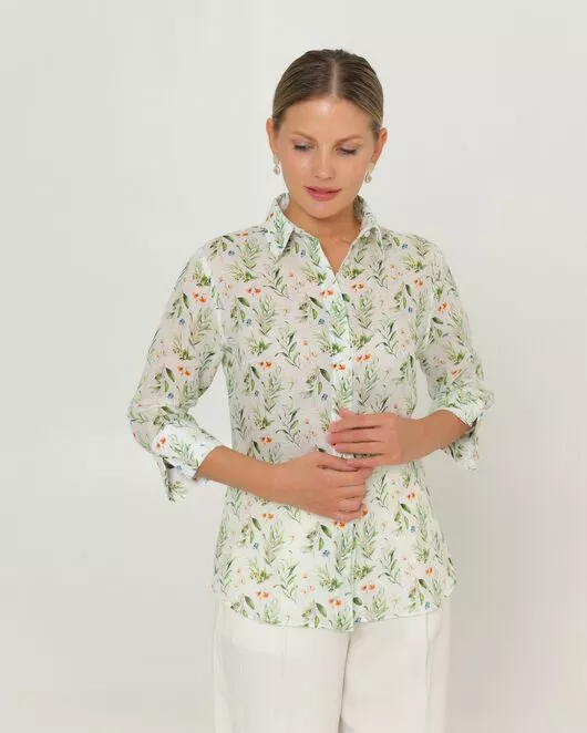 Женская рубашка из крапивы с рукавом 3/4 с принтом летний луг-8789 от ByME 