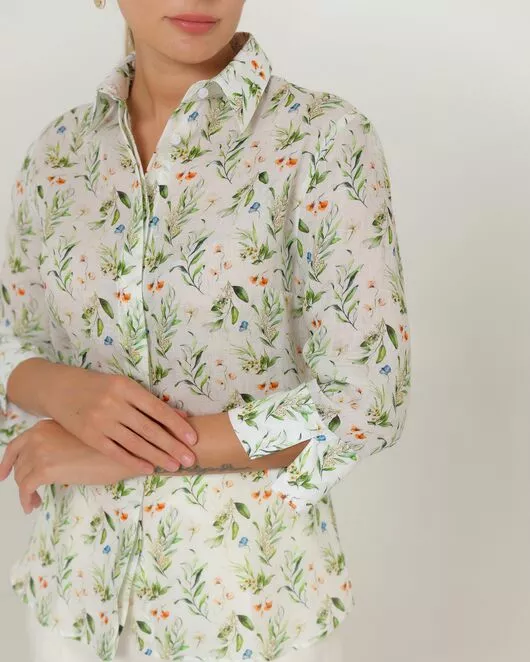 Женская рубашка из крапивы с рукавом 3/4 с принтом летний луг-8789 от ByME 