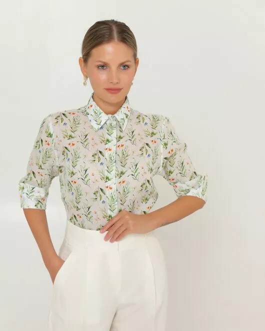 Женская рубашка из крапивы с рукавом 3/4 с принтом летний луг-8789 от ByME 