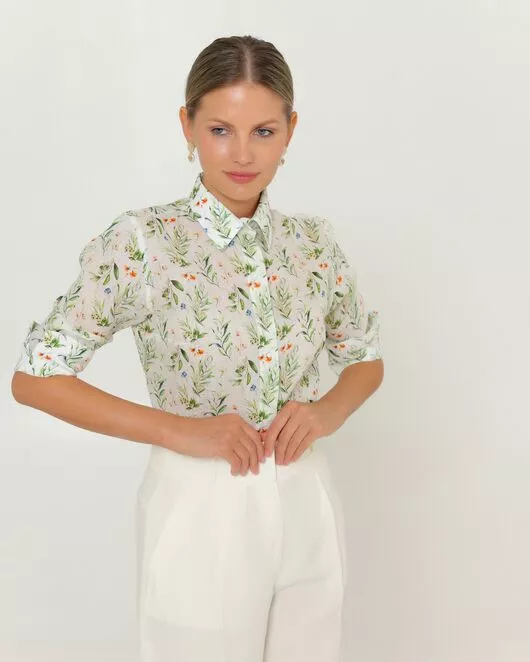 Женская рубашка из крапивы с рукавом 3/4 с принтом летний луг-8789 от ByME 