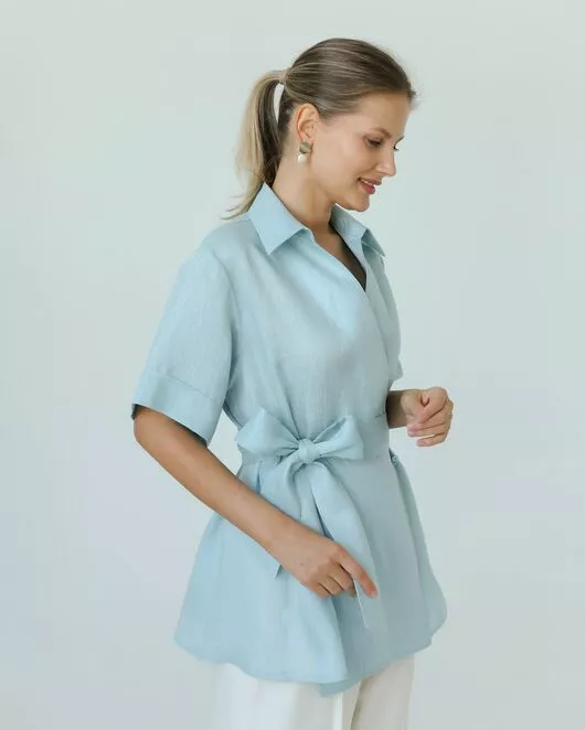 Женска рубашка на запах из льна мятная-8799 от byME 