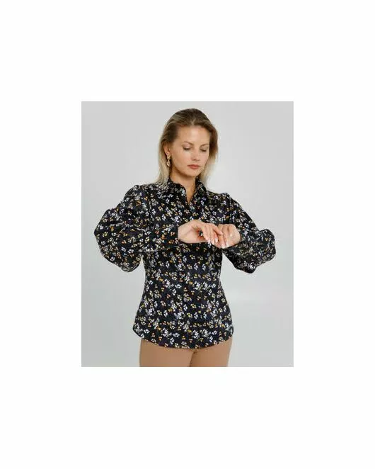 Женская рубашка с пышным рукавом с супатной застёжкой в чёрном цвете с цветами  - 8637 от byME 