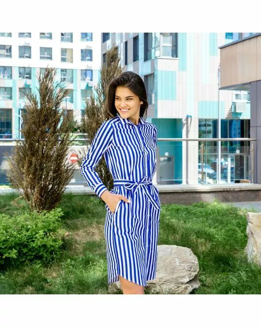 Платье-рубашка в синюю полоску с поясом прямой силуэт - 7604 от DoubleCuff 