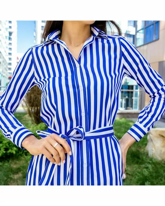 Платье-рубашка в синюю полоску с поясом прямой силуэт - 7604 от DoubleCuff 