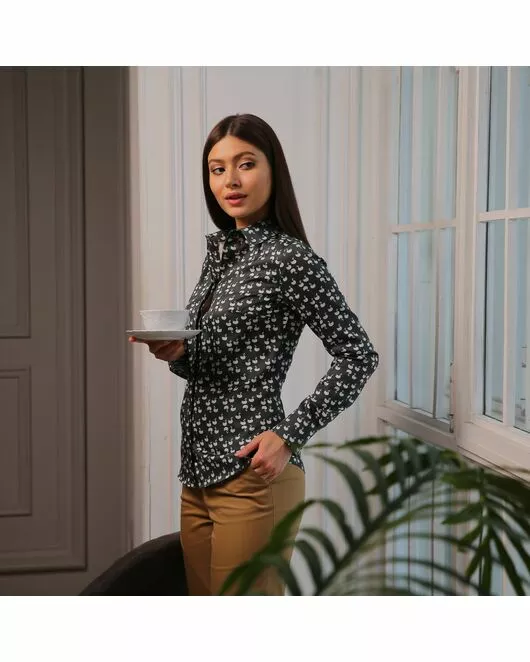 Женская рубашка под пуговицы принт лебеди на сером  фоне - 7749 от DoubleCuff 