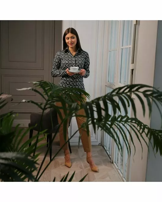 Женская рубашка под пуговицы принт лебеди на сером  фоне - 7749 от DoubleCuff 