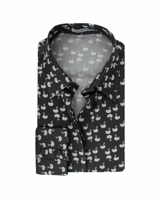 Женская рубашка под пуговицы принт лебеди на сером  фоне - 7749 от DoubleCuff 