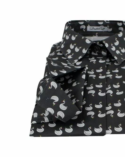 Женская рубашка под пуговицы принт лебеди на сером  фоне - 7749 от DoubleCuff 