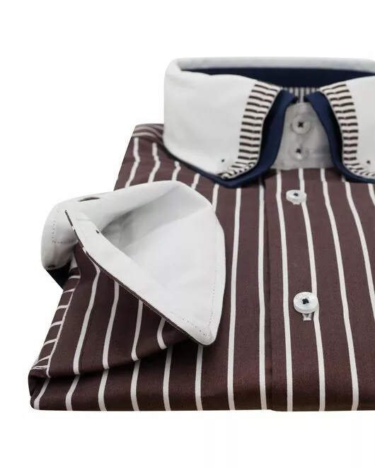 Мужская рубашка под пуговицы шоколадного цвета в полоску  - 907 Classic Fit от Tonelli 