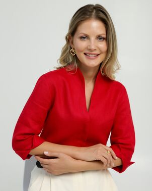 Женская рубашка воротник стойка удлиненная рукав 3/4 изо льна 8831 от byME 