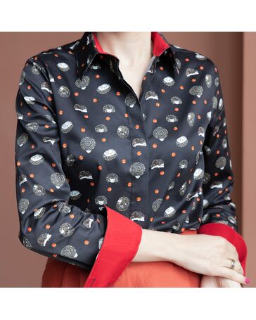 Женская рубашка под пуговицы с супатной застежкой полуприталенная с отделкой принт ежики - 7986 от byME 
