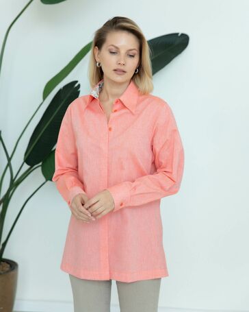 Женская льняная рубашка оранжевая с отделкой лилии - 8290 от byME 
