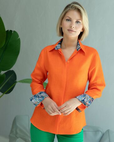 Женская льняная рубашка под пуговицы оранжевая - 8331 от byME 