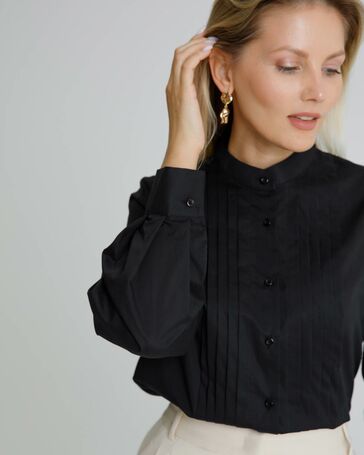 Женская рубашка черная воротник стойка с манишкой - 8565 от byME 