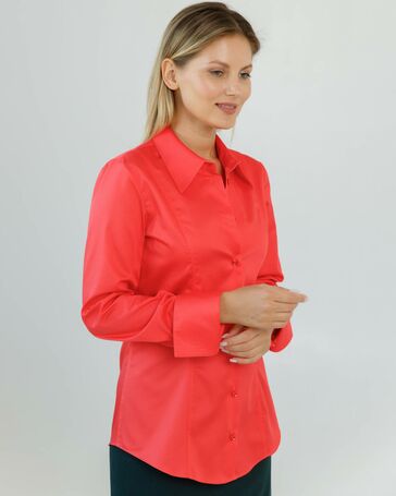 Женская рубашка приталенная под пуговицы в коралловом цвете из хлопка сатинового плетения - 8602 от byME 