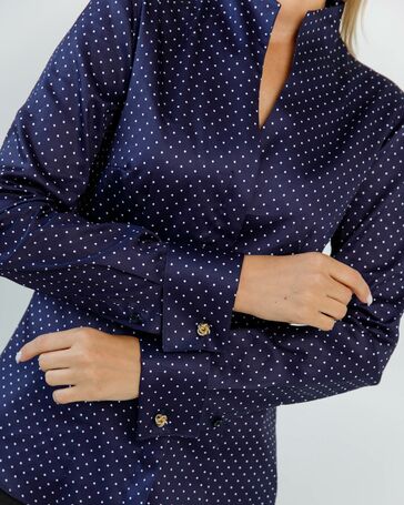 Женская рубашка под запонки воротник стойка синяя в белый горошек- 8607 от byME 