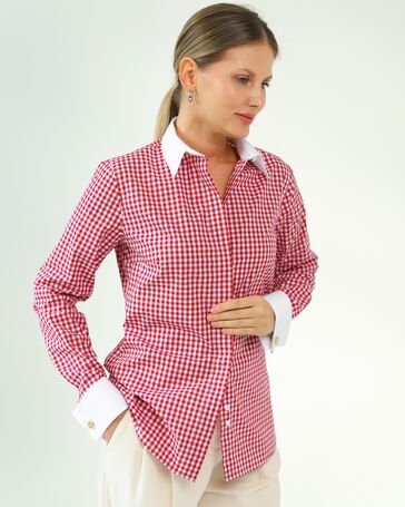 Женская рубашка и хлопка под запонки в красную клетку-8761 от  
