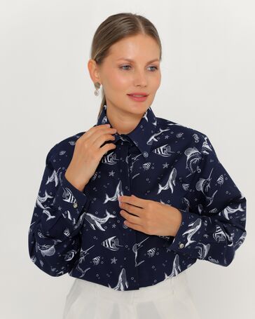 Женская рубашка из хлопка с принтом морские обитатили-8763 от byME 