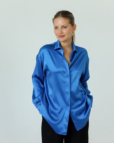 Женская рубашка из шелка синяя-8771 от  