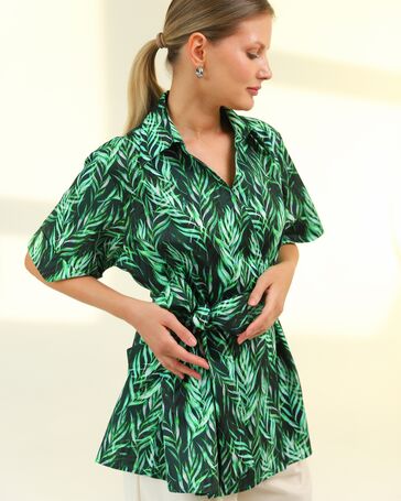 Женская рубашка на запах из хлопка с принтом листья папоротника-8796 от  