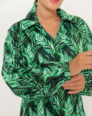 Женская рубашка из хлопка на запа́х с поясом принт листья папоротника-8801 от byME 