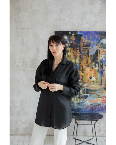 Женская льняная рубашка в оверсайз силуэте чёрная - 7961 от byME 