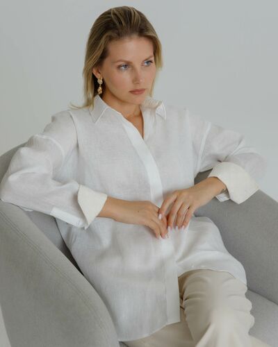 Женская рубашка в оверсайз льняная белая - 8577 от byME 