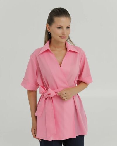 Рубашка хлопковая жатой фактуры розовая на запах 8888 от byME 