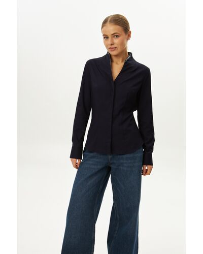 Рубашка темно-синяя воротник стойка под пуговицы с отделкой - 9058 от byME 