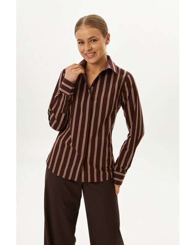 Рубашка хлопковая в полуприталенном силуэте коричневая в полоску под пуговицы 9061 от byME 