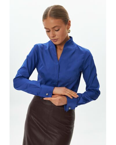 Рубашка из хлопка синяя под запонку воротник стойка  -9047 от byME 