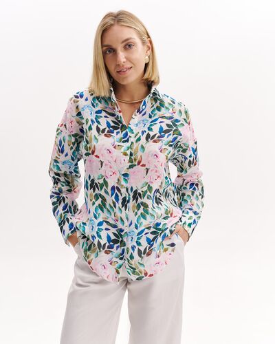 Женская рубашка из крапивы  розовые цветы и лепестки в оверсайз силуэте -8992 от  