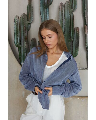 Женская рубашка из хлопка синяя в горошек 9084 от  