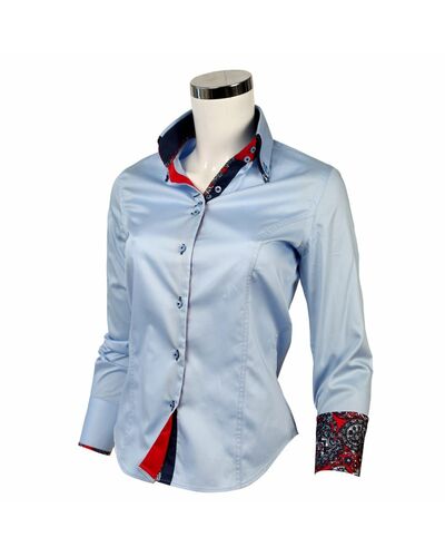 Приталенная женская рубашка на пуговицах голубая с двойным воротом - 1128 от Tonelli 