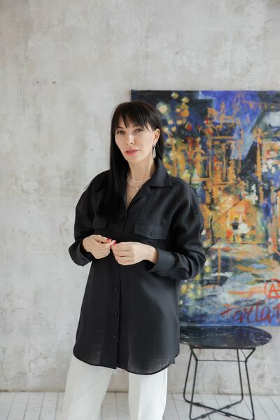 Женская льняная рубашка в оверсайз силуэте чёрная - 7961 от byME 